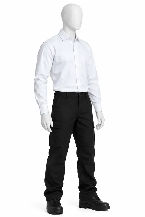 Camisa blanca de manga larga con pantalón cargo negro
