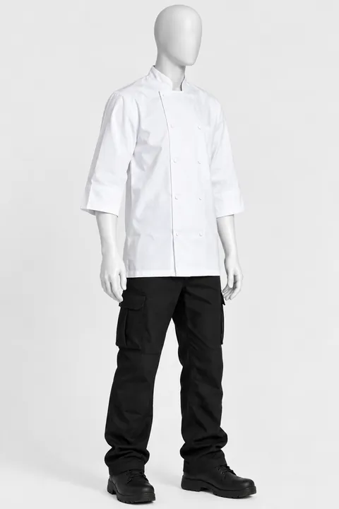 Chaqueta blanca de cocina de manga tres cuartos con pantalón cargo